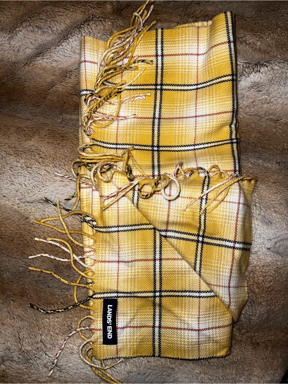 Lands' End Yellow Plaid Fringe Scarf